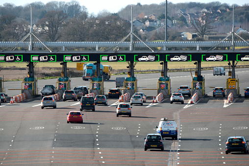 Second Severn Crossing (SSC) (Severn Bridge) toll booths at Rogiet, Wales, UK