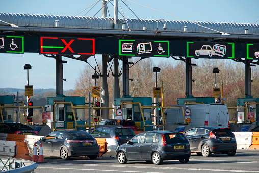 Second Severn Crossing (SSC) (Severn Bridge) toll booths at Rogiet, Wales, UK
