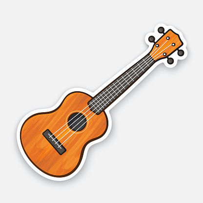 Vector illustration. Classical wooden guitar. String plucked musical instrument. Small acoustic guitar or ukulele. Rock or jazz equipment. Sticker with contour. Isolated on white background