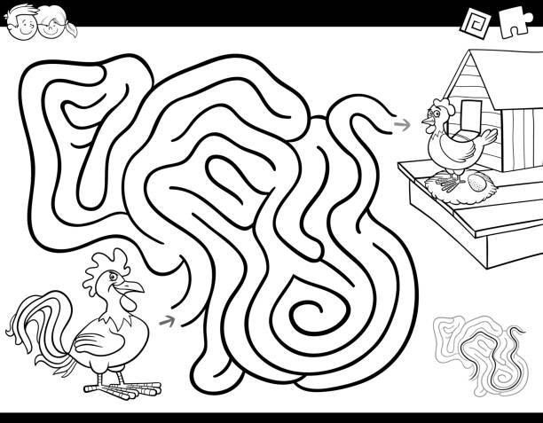 maze game coloring book with rooster and hen Black and White Cartoon Illustration of Education Maze or Labyrinth Activity Game for Children with Chickens and Chickencoop Coloring Book office parties stock illustrations