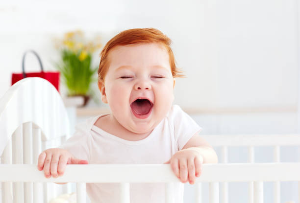 poprtait of cute happy infant baby standing in a cot at home poprtait of cute happy infant baby standing in a cot at home crib photos stock pictures, royalty-free photos & images