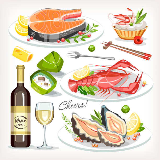 beeren - fish seafood lobster salmon stock-grafiken, -clipart, -cartoons und -symbole