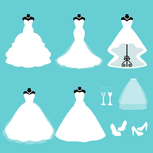 ilustrações de stock, clip art, desenhos animados e ícones de a set of wedding dresses. clothes for the bride. - wedding dress