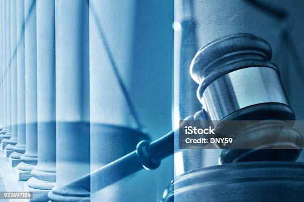 Multiple Exposure Of A Gavel And Greek Columns Stock Photo - Download Image Now - Justice - Concept, Law, Legal System