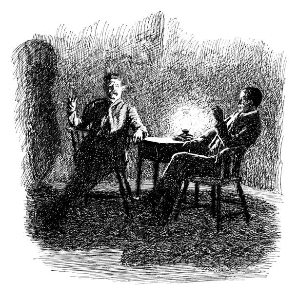 Late night conversation Late night conversation - Scanned 1891 Engraving old oil lamp stock illustrations