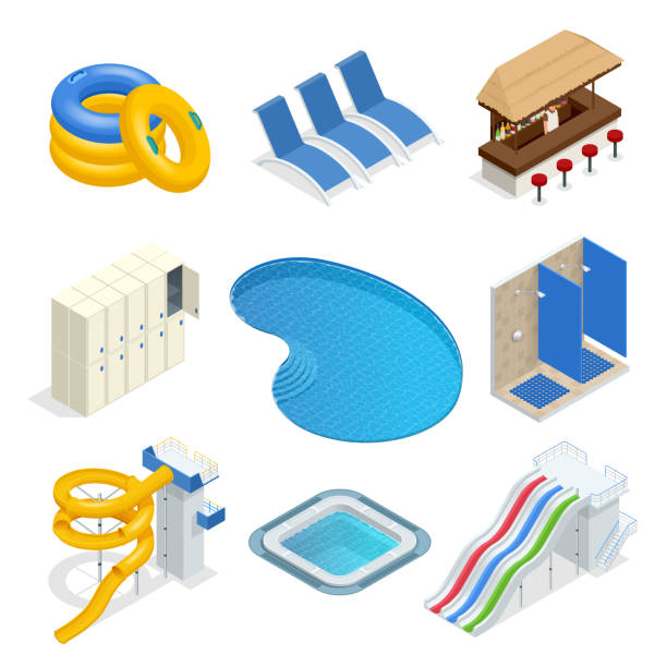 Isometric water park attractions vector icon set with inflatable swimming circles, sun beds, locker room, lockers, pool, bar, shower, slide. Aqua park flat isometric design elements. Isometric water park attractions vector icon set with inflatable swimming circles, sun beds, locker room, lockers, pool, bar, shower, slide. Aqua park flat isometric design elements coil tubing stock illustrations