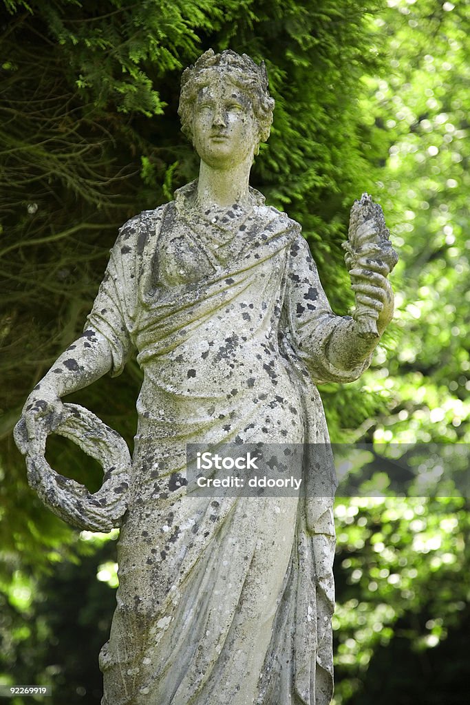 Feminino estátua em foco contra fundo de folhas - Foto de stock de Condado de Wexford royalty-free