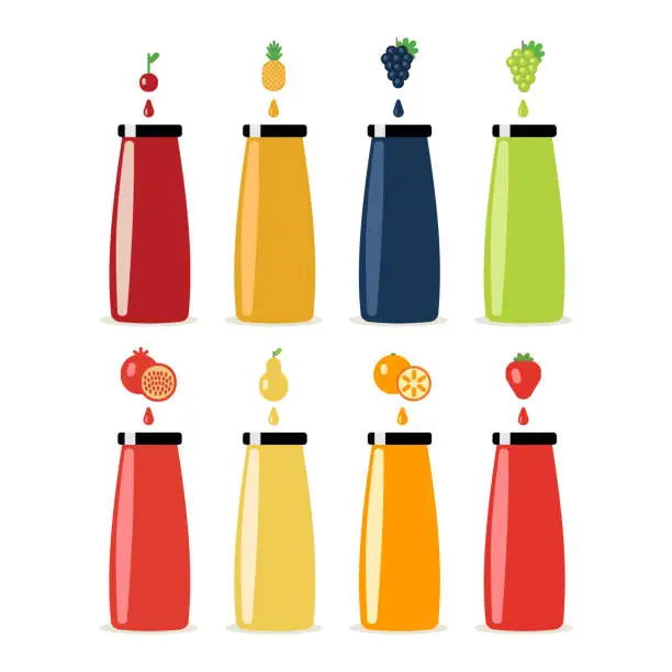 Vector illustration of Shelves with juices in different packaging glass bottles, Tetra, canister in the supermarket