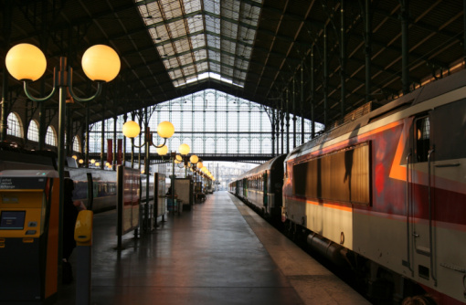 Paris. Evening sun in Gare du Nord railway station.