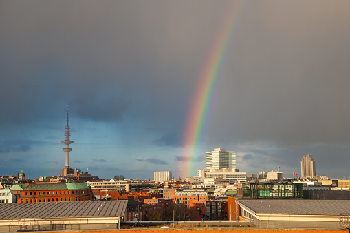 Rainbows above City of Hamburg in Germany