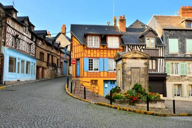 Historic half timbered buildings in the beautiful town of Honfleur, France