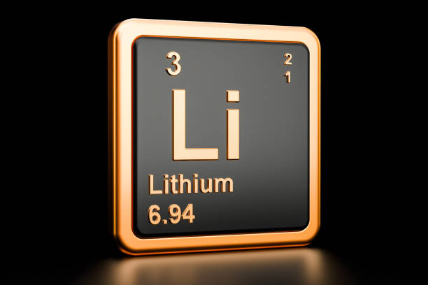 lithium li, chemical element. 3d rendering isolated on black background - atom electron molecule molecular structure imagens e fotografias de stock