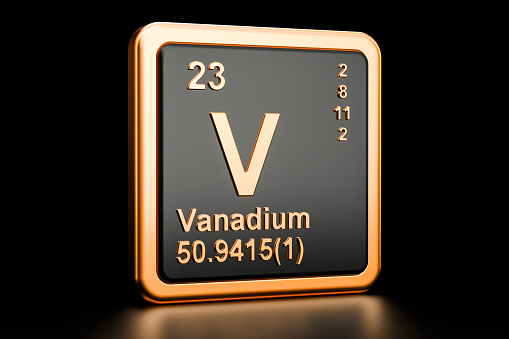 Vanadium V, chemical element. 3D rendering isolated on black background