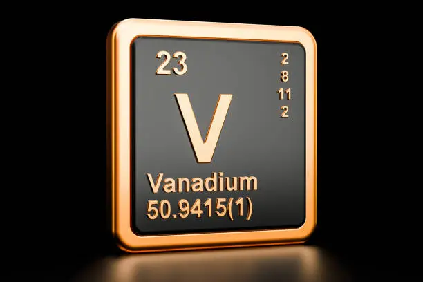 Photo of Vanadium V, chemical element. 3D rendering isolated on black background