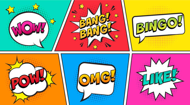 ilustrações, clipart, desenhos animados e ícones de balões de fala em quadrinhos retrô em fundo colorido. expressão texto ouch, bingo, pow, omg, como, uau. - bang