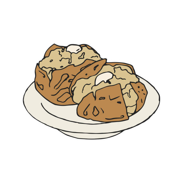 ilustrações de stock, clip art, desenhos animados e ícones de vintage illustration of a baked jacket potato - baked potato