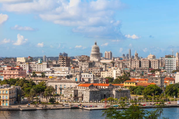 Close up view of the Old Havana city with historical buildings and monuments from Morro Castle.