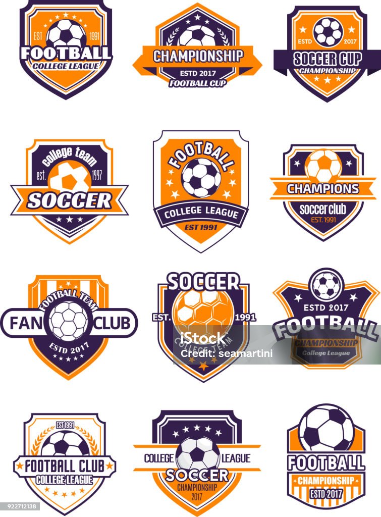 Football sport badge with soccer ball on shield Football sport club shield badge for soccer championship of college league. Soccer ball heraldic symbol, adorned with champion laurel wreath, ribbon banner and star for football team emblem design Logo stock vector