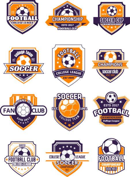 Football sport badge with soccer ball on shield Football sport club shield badge for soccer championship of college league. Soccer ball heraldic symbol, adorned with champion laurel wreath, ribbon banner and star for football team emblem design mountain ridge stock illustrations