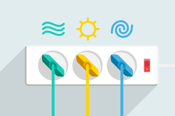 Using of renewable energy of water, sun and wind vector art illustration