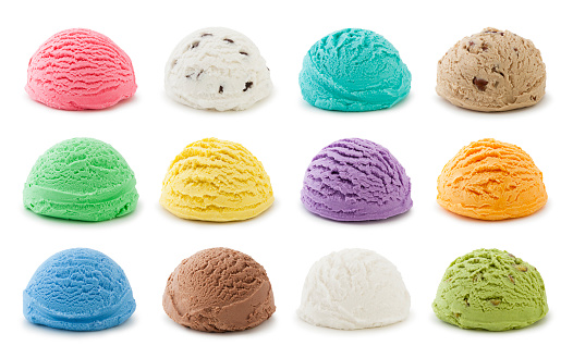 Top view of 12 colorful ice cream scoops isolated on white (excluding the shadow)