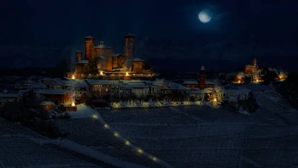 Fantasy photomanipulation of medieval landscape in winter on night with castle and cities