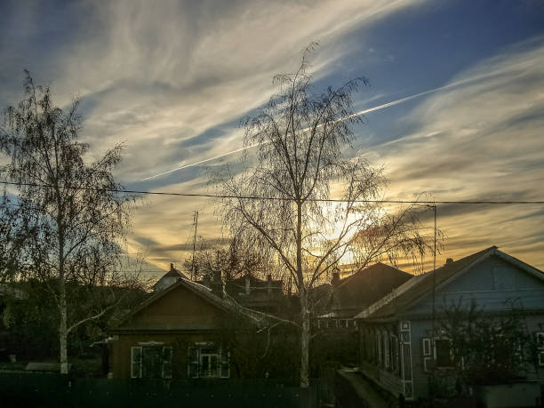birch tree, and one-storey village houses against a surreal sky with clouds with a trace of the plane and scarlet sunset of extraordinary beauty