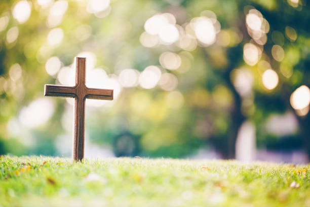 istock The cross standing on meadow sunset and bokeh background. 922714970