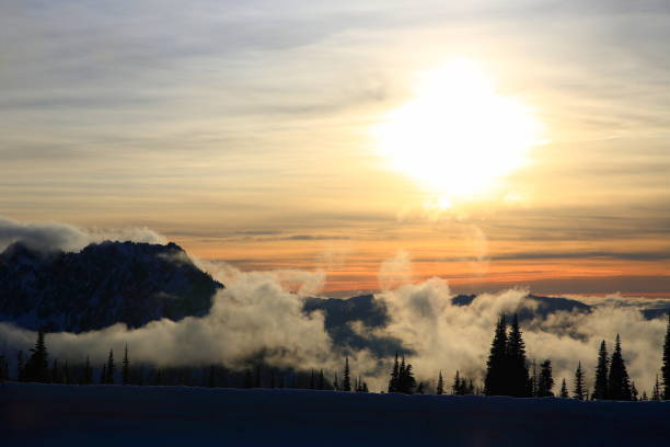 istock Amazing sunset over mountains with trees covered by fog, WA 922716436