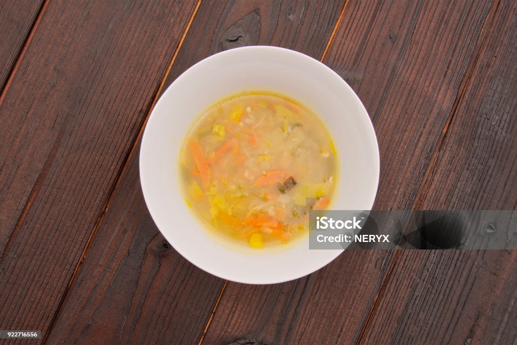 Vegetable soup with buckwheat on a table Vegetable soup with buckwheat on a wooden table Appetizer Stock Photo