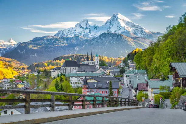 Beautiful view of the historic town of Berchtesgaden with famous Watzmann mountain at sunset in springtime, Berchtesgadener Land, Upper Bavaria, Germany