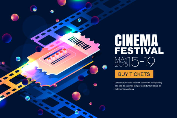 ilustraciones, imágenes clip art, dibujos animados e iconos de stock de vector brillante neón cine festival bandera. entradas de cine en 3d isométrico estilo sobre fondo de cielo cósmico noche resumen - 3504