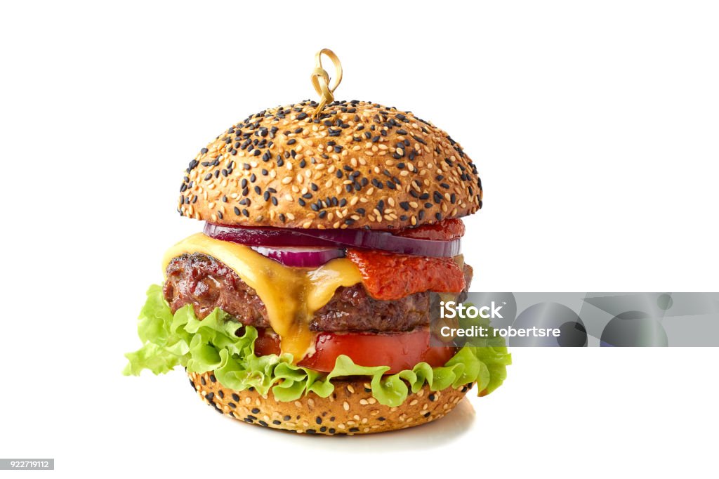 Sabrosa hamburguesa con queso en blanco - Foto de stock de Hamburguesa - Alimento libre de derechos