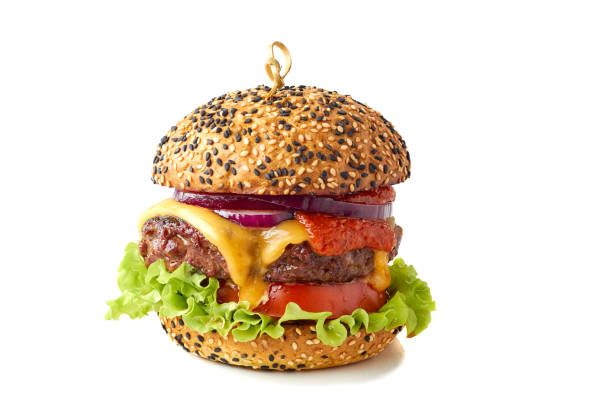 hambúrguer saboroso em branco - burger gourmet hamburger steak - fotografias e filmes do acervo