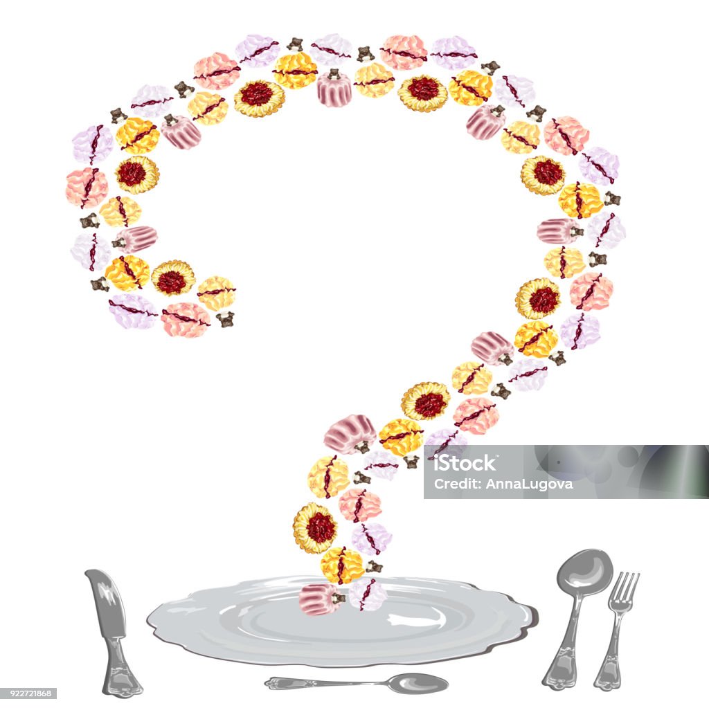 cake different  diet question Advertising diet, willpower, strength of will - not to eat a cake on a plate, serving with cutlery and funny cakes, muffins in the form of a question mark  - vector on a white background Advertisement stock vector