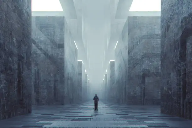 Lost businessman in futuristic dark ominous concrete city.
