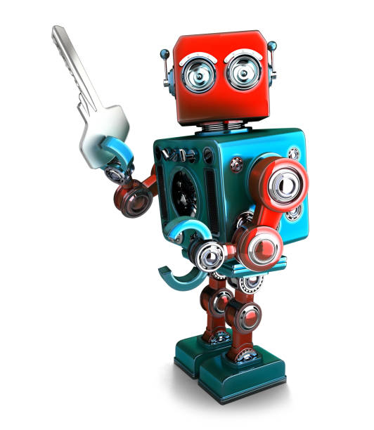 istock Retro Robot holding a key. 3D illustration. Isolated. Contains clipping path 922723090