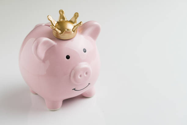 Financial winner or king of money savings concept, smiling happy pink piggy bank wearing a golden crown on top on seamless white table background, best future investment, compound interest deposit stock photo