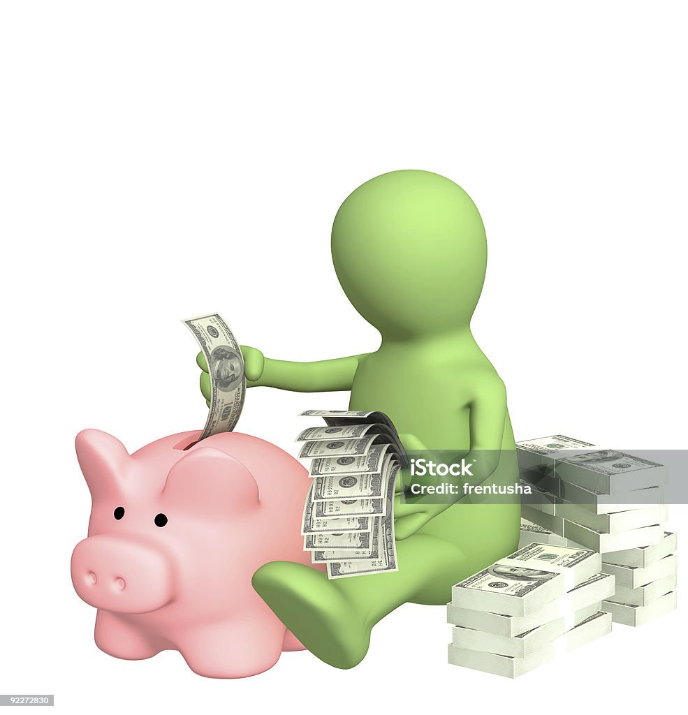 3 d de fantoches, que é economizar dinheiro em piggy bank - Foto de stock de Abundância royalty-free