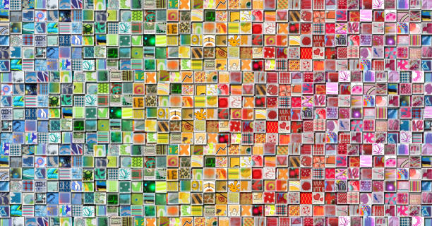 ilustraciones, imágenes clip art, dibujos animados e iconos de stock de antecedentes del arco iris hecho con pequeñas ilustraciones - mosaic
