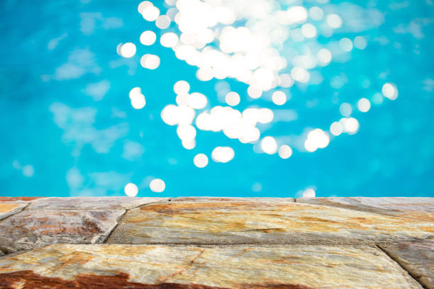istock Brown stone table top and blurry blue water bokeh abstract background 922733770