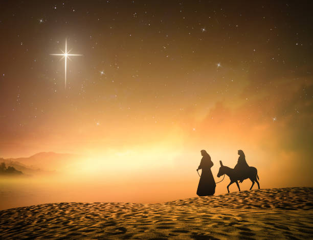 Concept for Jesus born Silhouette pregnant Mary and Joseph with a donkey on star of cross background ass horse family photos stock pictures, royalty-free photos & images