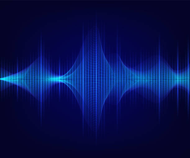 ilustrações de stock, clip art, desenhos animados e ícones de blue shiny sound wave on dark background. vector technology illustration. - electromagnetic pulse