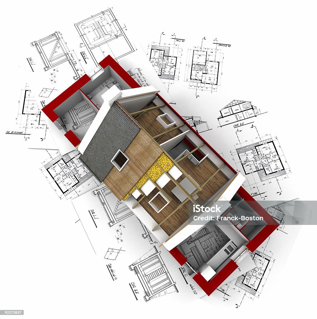 Vista aérea de un arquitecto blueprints roofless Asamblea sobre rojo - Foto de stock de Casa libre de derechos