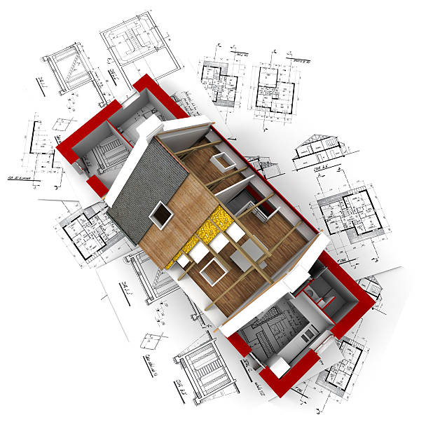 Aerial view of a roofless house on architect blueprints red  architectural model house stock pictures, royalty-free photos & images