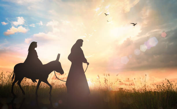 Immanuel concept Pregnant Mary, Joseph and baby Jesus with donkey on sunset background immanuel stock pictures, royalty-free photos & images