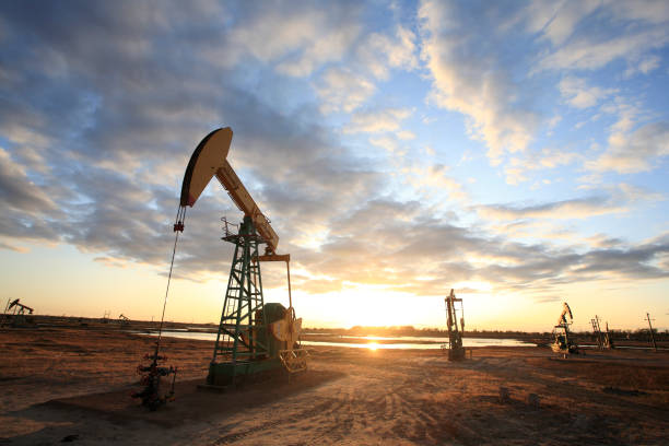 pumpjacks, il tramonto del campo petrolifero di daqing - pompa di estrazione petrolifera foto e immagini stock