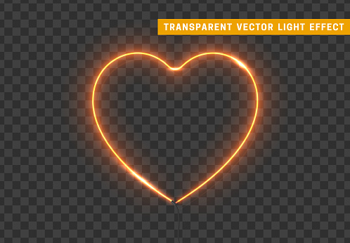 Neon light yellow heart with transparent background