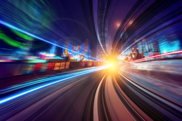 Creative image of moving train in city