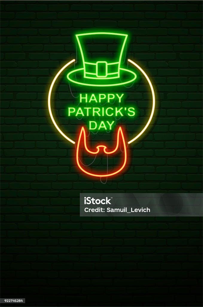 Patricks Day Neon sign and green brick wall. Irish Beard of Leprechaun and Hat. National holiday symbol in Ireland. Template night banner. - Royalty-free Barba Ilustração de stock